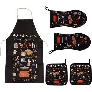 Friends Show 5 Piece Kitchen Set Apron Mitts Potholders NWOT gift